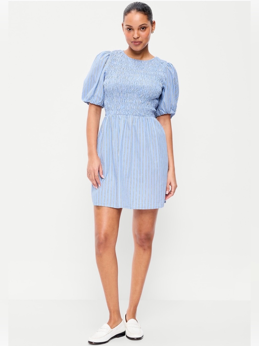 OLD NAVY Smocked Puff Sleeve Blue Striped Mini Dress